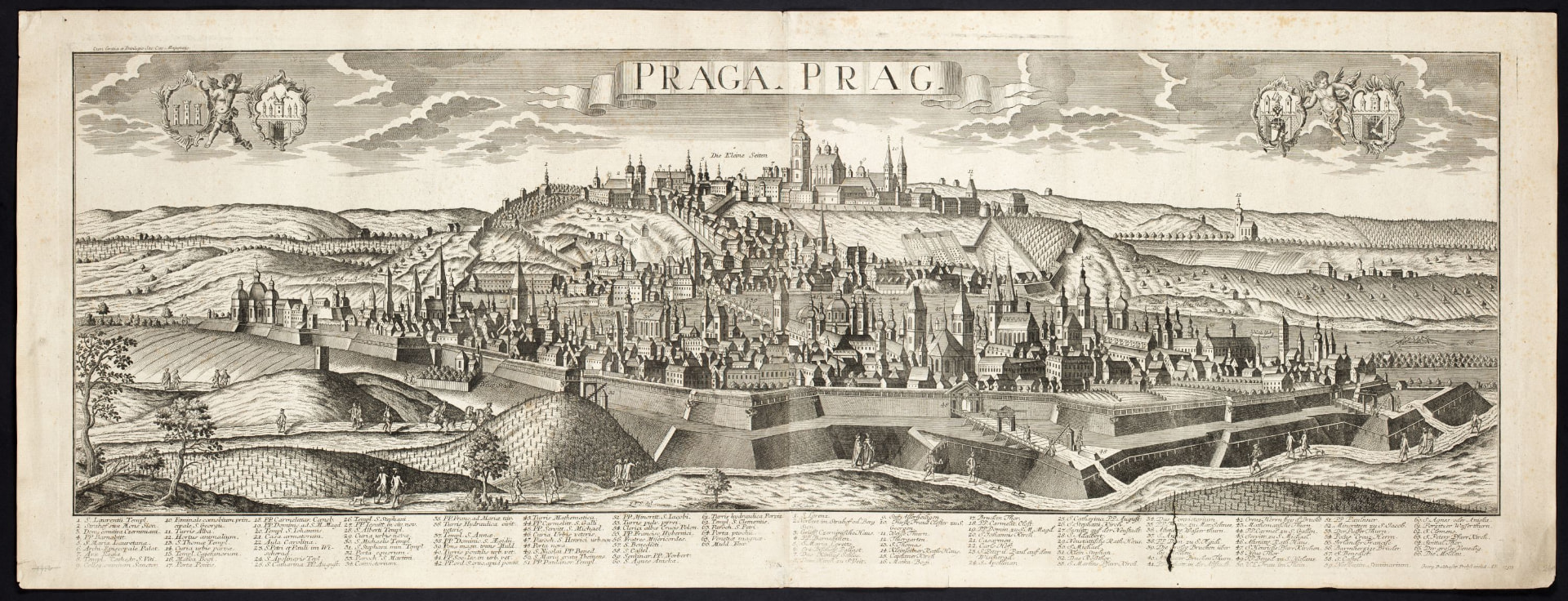 Pohled na Prahu od jihovýchodu, mědiryt F. J. Sauer, po roce 1740
