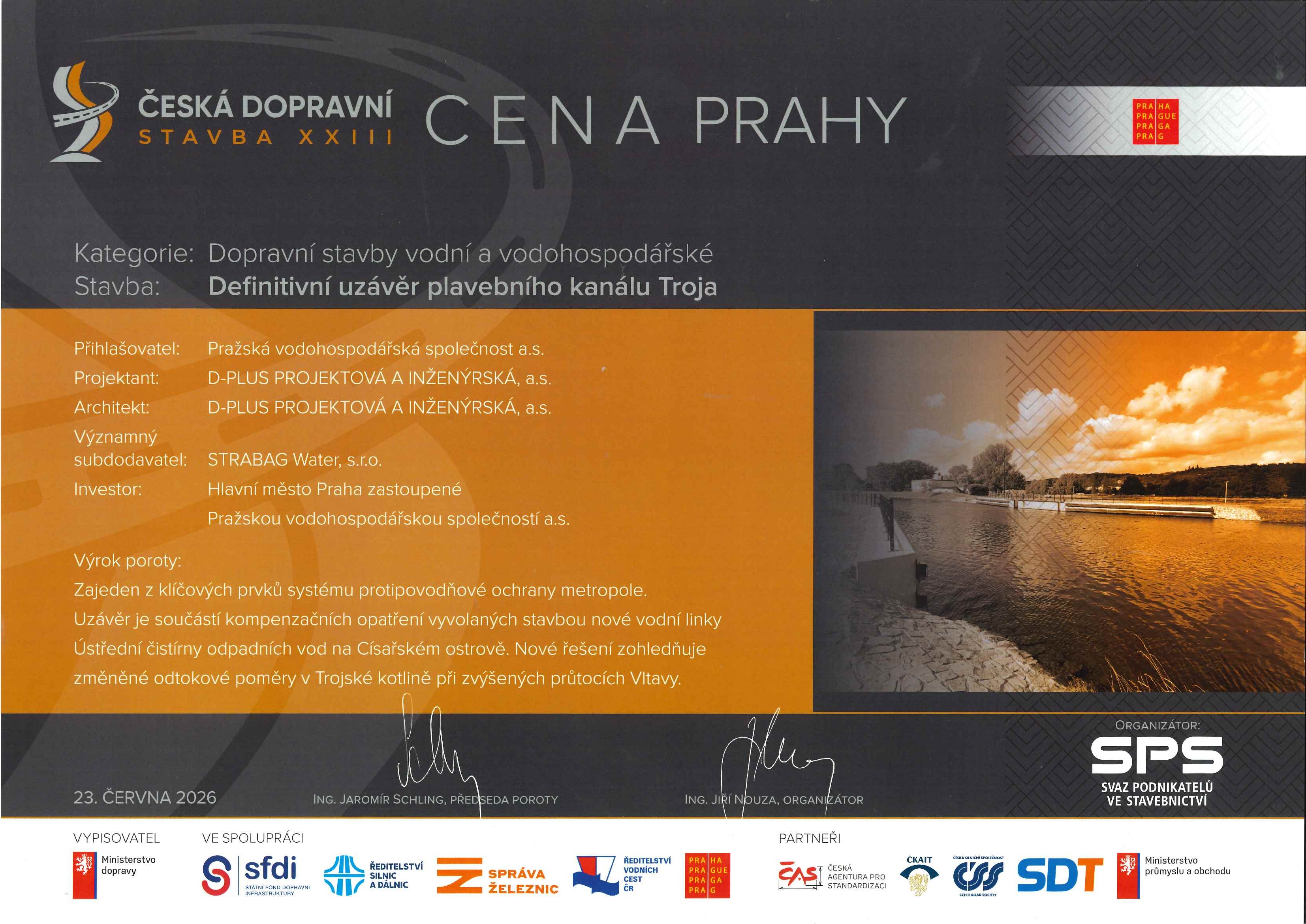 Diplom Česká dopravní cena Prahy 2026 – Definitivní uzávěr plavebního kanálu Troja